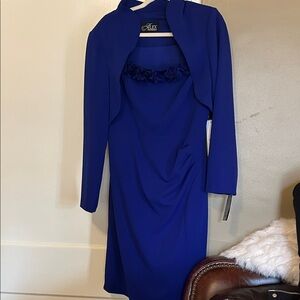 NWT Rosette Stretch Crepe Cocktail Dress with Bolero Jacket in Royal Size 16
